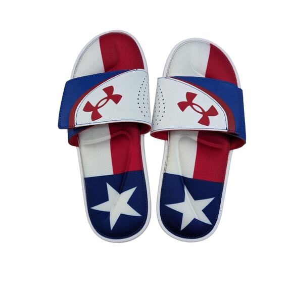 Under Armour Texas Flag Slides Sandals Men 7 Ignite White Red Blue Shoes New - Picture 8 of 15